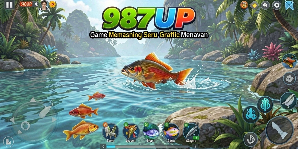 Screenshot menampilkan gameplay seru saat memancing di danau yang indah.