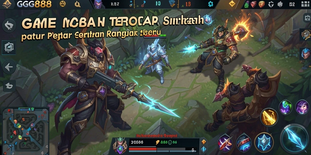 Screenshot GGG888 menampilkan tim yang berjuang dalam pertempuran MOBA yang intens.