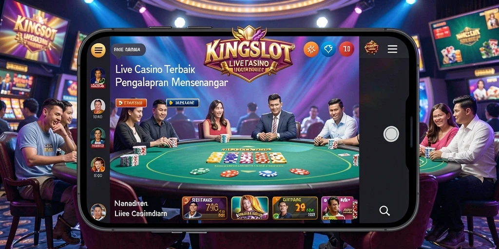 Tangkapan layar gameplay KINGSLOT dengan dealer dan pemain dari Live Casino.