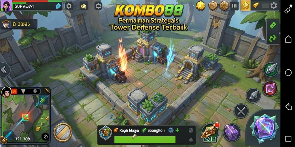 Screenshot gameplay KOMBO88 yang menunjukkan aksi menara pertahanan.