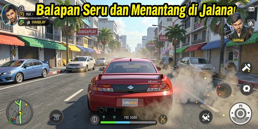 Tampilan gameplay SURGAPLAY yang seru dan menantang dalam balapan.